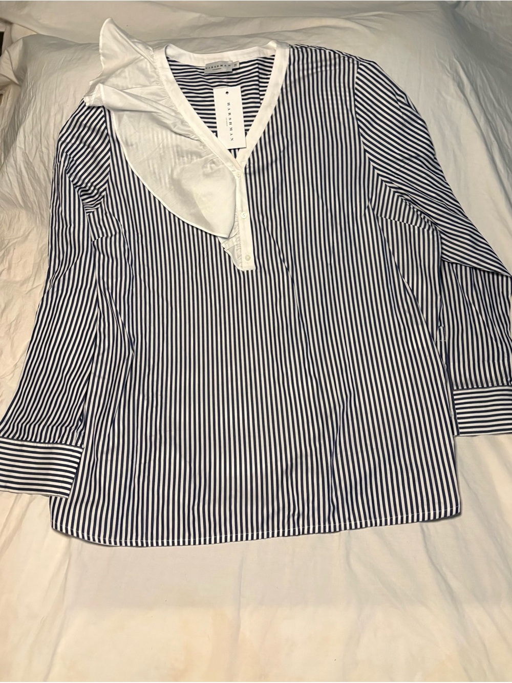 Striped V-Neck Blouse with White Trim - Navy/White